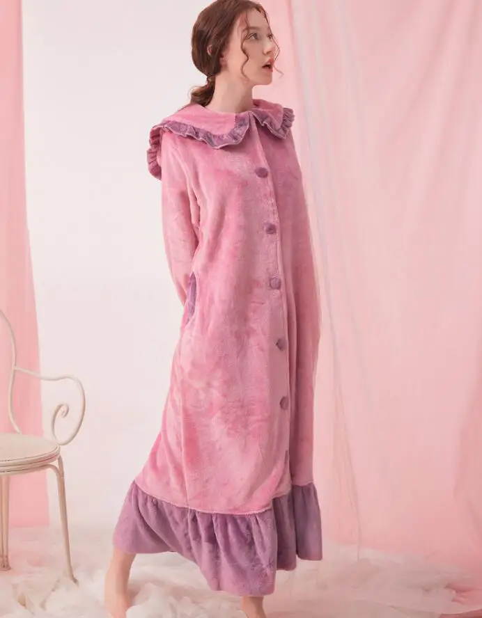 New Arrival Plus Big Size M L XL XXL Winter Coral Fleece Flannel Big Collar Lady Robes Nightgown Sleepwear Bath Night Dress
