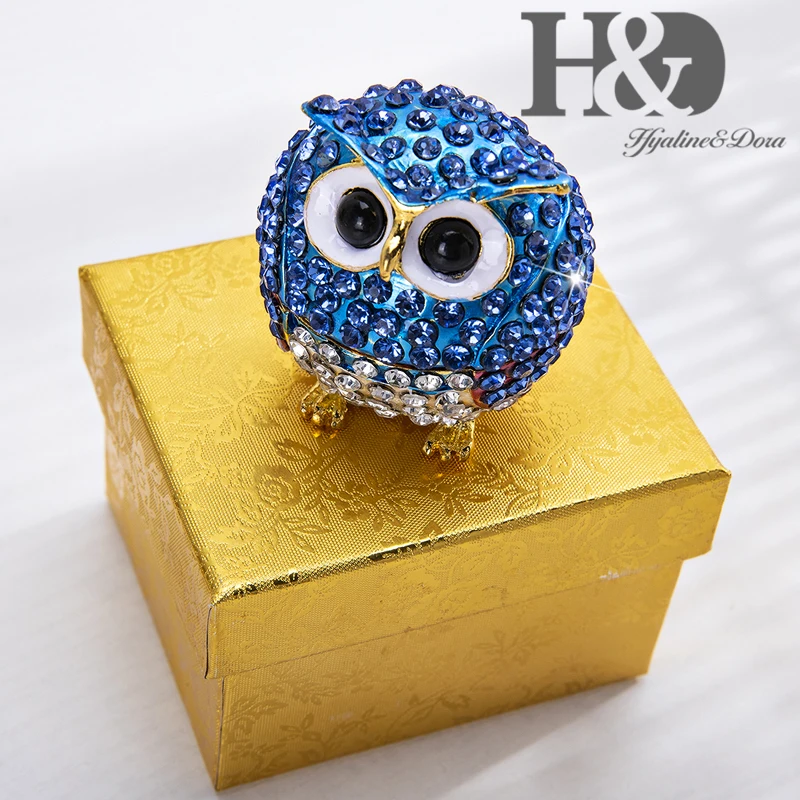 H&D 3 style Hand-Painted Metal Owl Figurine Enamel Trinket Boxes Jewelry Collectible Box Christmas Gift Home Decorative Ornament