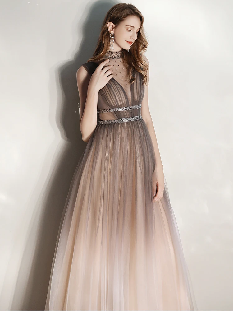 SSYFashion New Long Evening Dress High-neck Sleeveless Floor-length Sequins Beading Gradient Color Formal Gown Vestido De Noche
