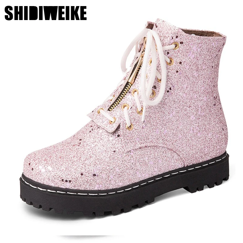 

2019Autumn Winter women Lace-Up ankle boots size 34-43 Sequin cloth women's boots warm boots Platform 3 Colors female shoes J587