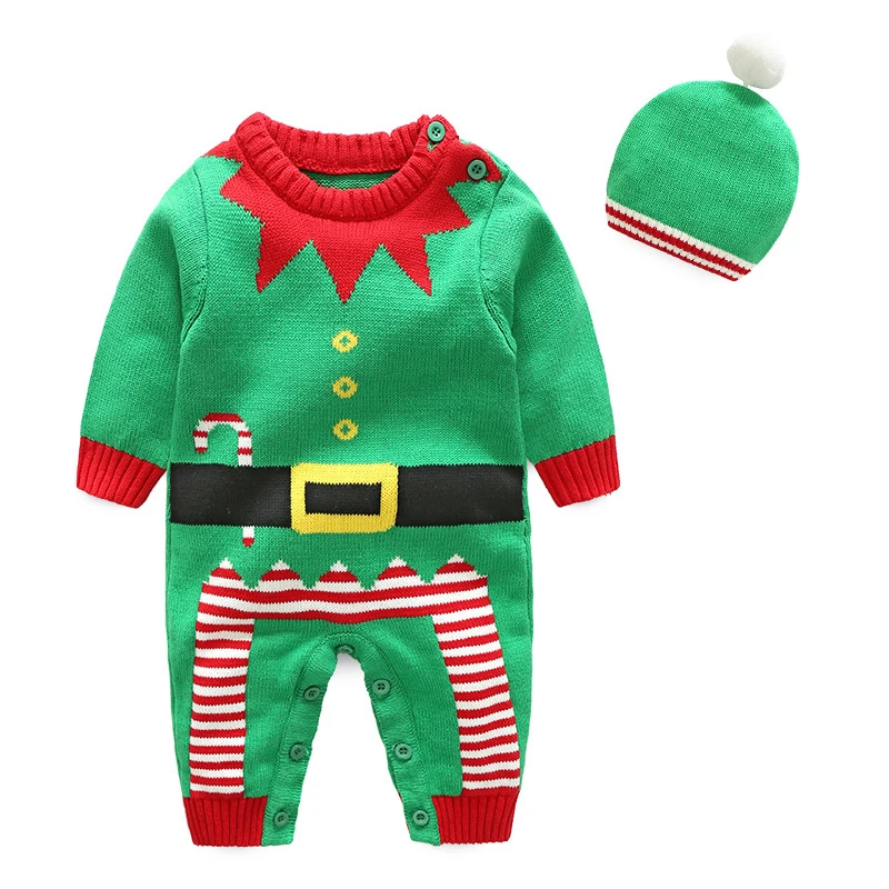 Рождественские вязаные комбинезоны для малышей; детские комбинезоны с длинными рукавами; комбинезон для новорожденных мальчиков и девочек; зимняя цельнокроеная детская одежда - Цвет: Green