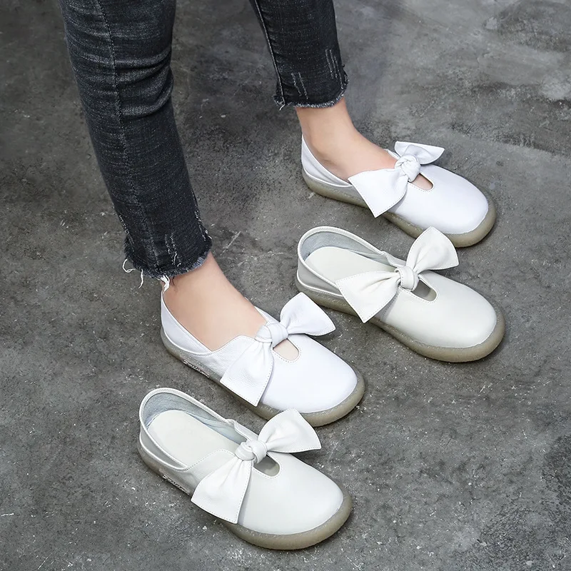 

White Shoes Women's 2019 Autumn First Layer Genuine Leather Flat Shoes Soft Bottom Single Double Purpose Grandma Shoes Bow Mater