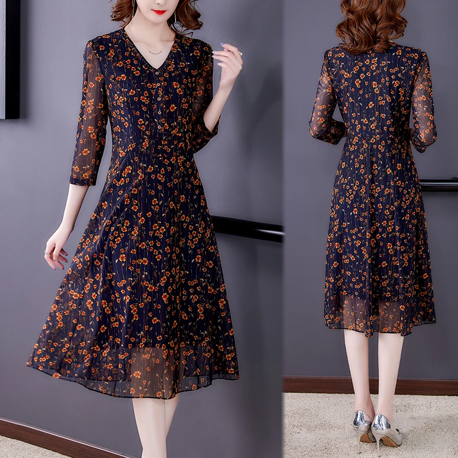 

Vintage Floral Mesh Chiffon Beach Midi Dress Women Elegant Bodycon Party Evening Vestidos 2023 Spring Autunm Casual Dress