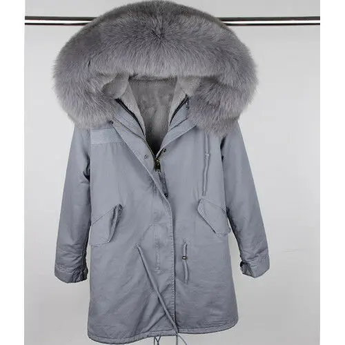 Gray WO Fur Cuff Лидер продаж Женская натуральный мех лисы парка пальто куртка с капюшоном Подкладка из кроличьего меха Рекс пальто - Цвет: Gray WO Fur Cuff