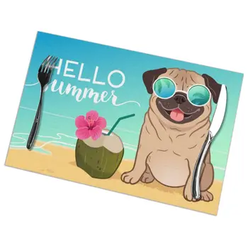 

Tableware Pad Placemats 6 PcsTable Mat Non-Slip Pug Dog Wearing Sunglasses On Sandy Beach Placemats for Dining Table