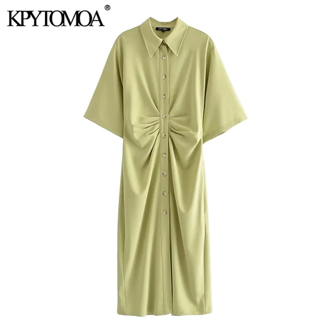 KPYTOMOA Women 2021 Chic Fashion Button up Draped Midi Shirt Dress Vintage Short Sleeve Side Zipper