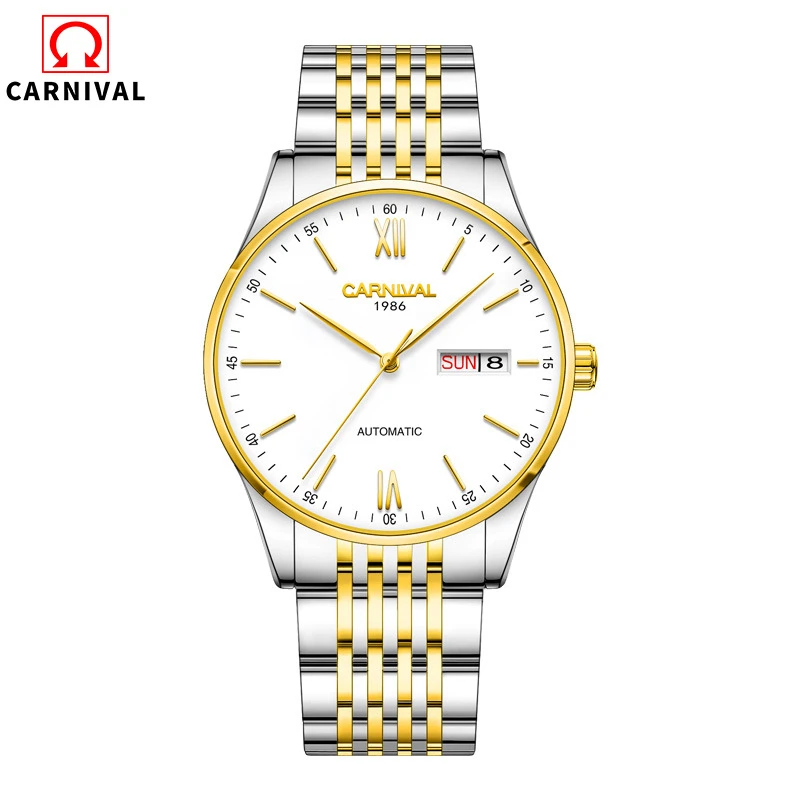 gold white Карнавал для мужчин s часы лучший бренд класса люкс автоматические механические часы для мужчин полный сталь Бизнес Спортивные Наручные Часы Relogio Masculino - Цвет: gold white