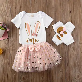 

2020 Baby Girl Clothes Bunny Ear Print Baby Romper Bodysuit Tops +Polka Dot Tulle Dress Mesh Tutu Skirt Cute Summer Outfit 0-18M