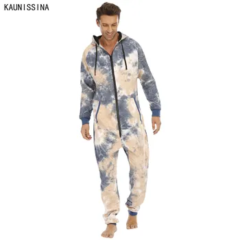 

Men Winter Onesie Thick Sleepwear One Piece Pajamas Nightwear Male Zipper Tie-dye Hooded Onesies For Adult Homewear