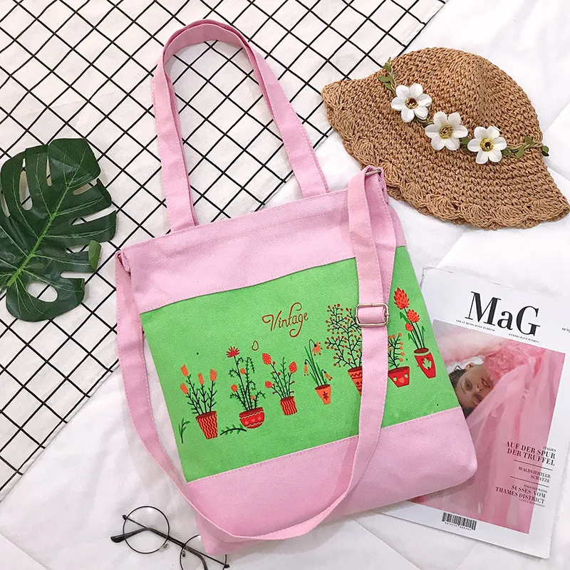 pink green Женская Парусиновая Сумка-тоут, Женская Повседневная сумка на плечо с цветочным принтом, складные сумки для покупок, пляжная сумка, женская сумка из хлопковой ткани - Цвет: pink green