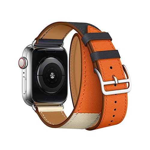 Кожаный браслет с двойными кругами для Apple Watch 1, 2, 3, 42 мм, 38 мм, ремешок для iwatch series 5, 4, 40, 44 мм - Цвет ремешка: Indigo-orange-white