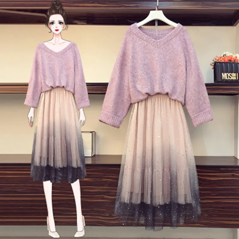 

Sweet Pink Sweater Skirt Suits Autumn Winter New V-neck Loose Pullover Knitted Tops + Stars Sequined Gradient Mesh Skirts Sets