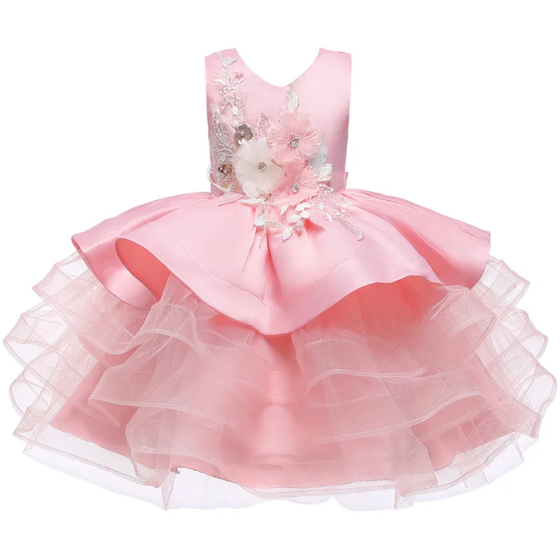 Новое Пышное Платье с вышивкой для девочек Одежда для дня рождения для маленьких девочек 1 год детское платье для крещения из сетчатой ткани с вышивкой для девочек - Цвет: Pink