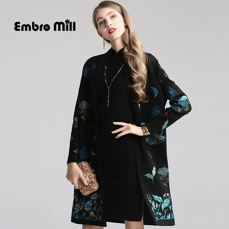

Winter Wool Knitting Open Stitch Coat Streetwear Style Retro Embroidery Loose O-neck Woman Coat M-XL