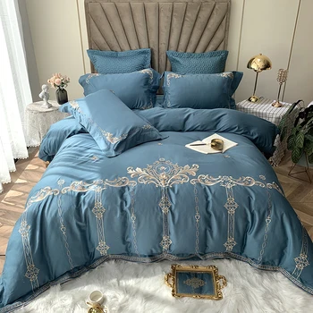 

Luxury Blue European Style Gold Embroidery 100S Egyptian Cotton Queen King Duvet Cover Bed Sheet/Linen Pillowcases Bedding Set