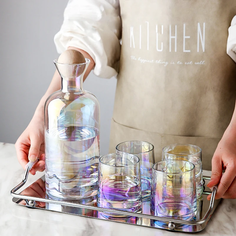 Colorful Glass Water Jug Cup Set Fruit Juice Cold Water Bottle Cups Set Teapot Household High Capacity Kettle Pitcher Drinkware