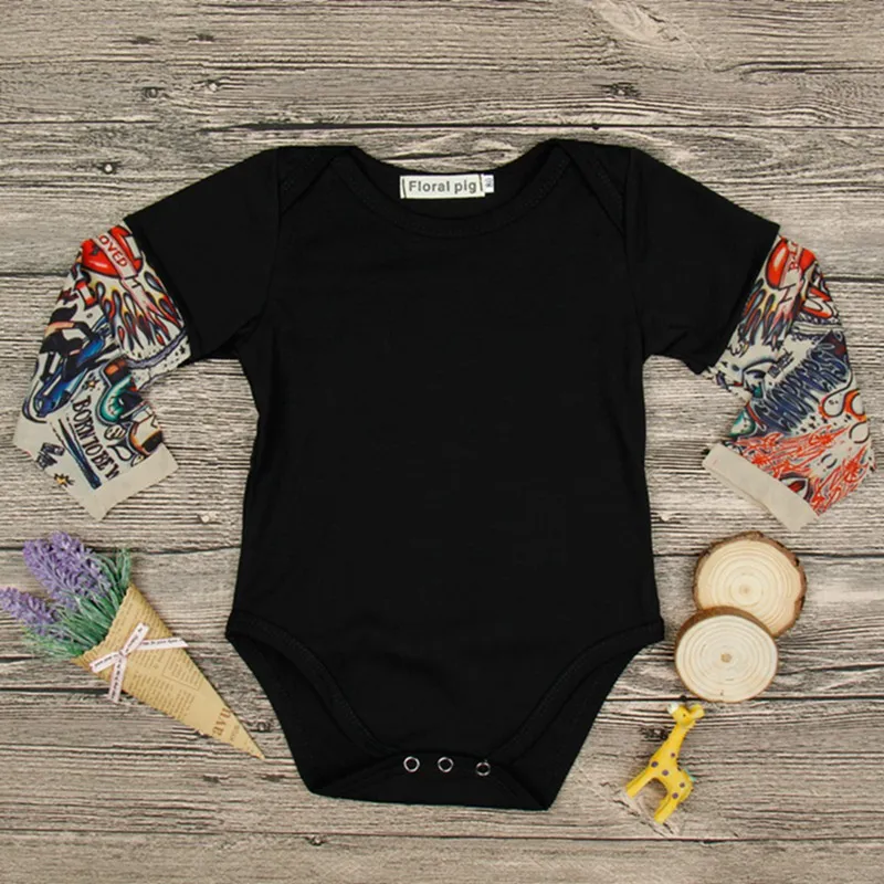 Летний хлопковый боди для новорожденных мальчиков, одежда, боди с длинными рукавами и принтом татуировки, комбинезон, черный и серый цвета
