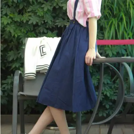 Women Linen Cotton Long Strap Skirts Girls Elastic Waist A-line Maxi Skirts Overalls Vintage Summer Skirt Faldas SaiaLJ48