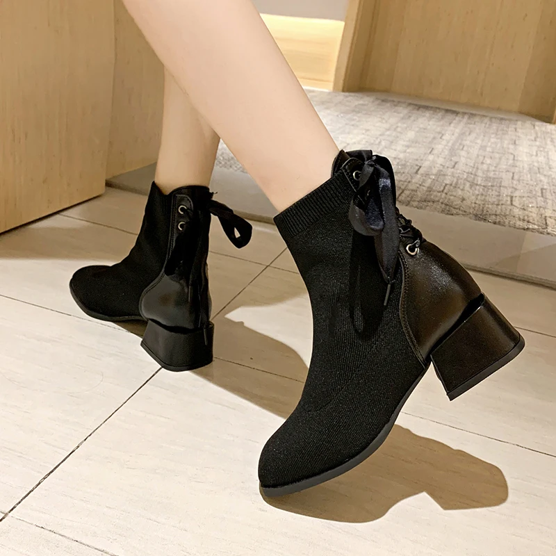 Women's Black Thick Mid Heel Short Ankle Boots Fashion Cute Sweet Bow Tie Solid Color Knit Socks Boots Casual Shoes New Listing