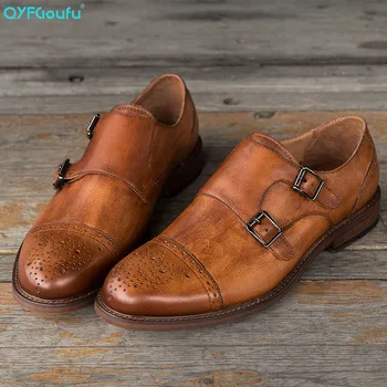 

QYFCIOUFU Luxury Genuine Leather Men Dress Shoes Brand Fashion Groom Wedding Shoes Round Toe Slip-on Double Monk Strap Shoes Men