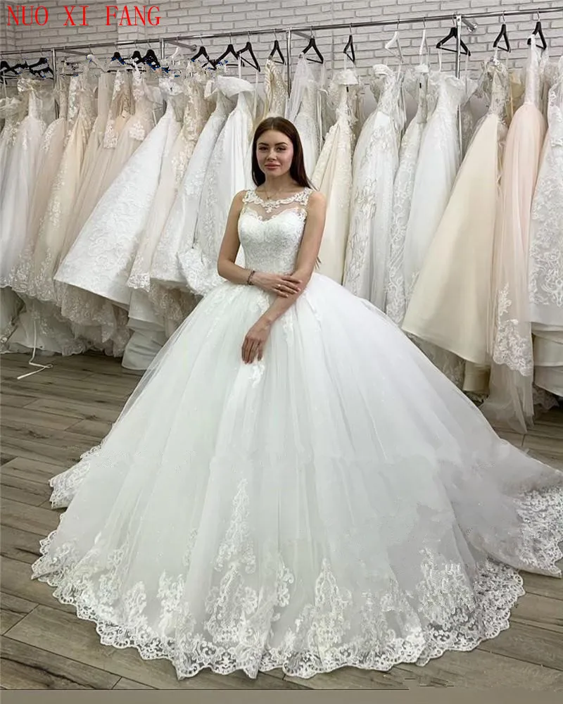 Princess Vestido De Novia Lace Applique Ball Gown Wedding Dress 2022 Arabic Vintage Plus Size Sequined White Puffy Tulle Bridal