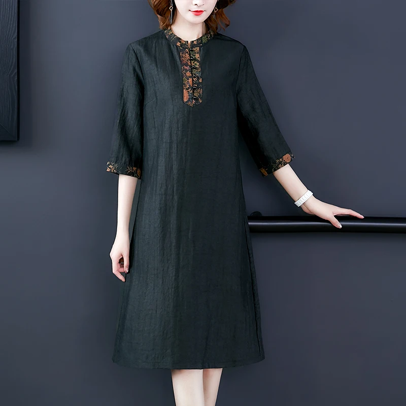 QPFJQD Vintage Solid Ladies Printing Silk Midi Dress Spring Autumn 4Xl Plus Size Black Dresses Women Elegant Party Vestidos