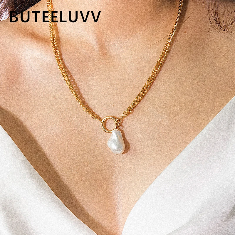 

BUTEELUVV Baroque Pearl Pendant Necklace Fashion Wedding Jewelry Accessories Elegant Gold Collar Chain Necklace for Women