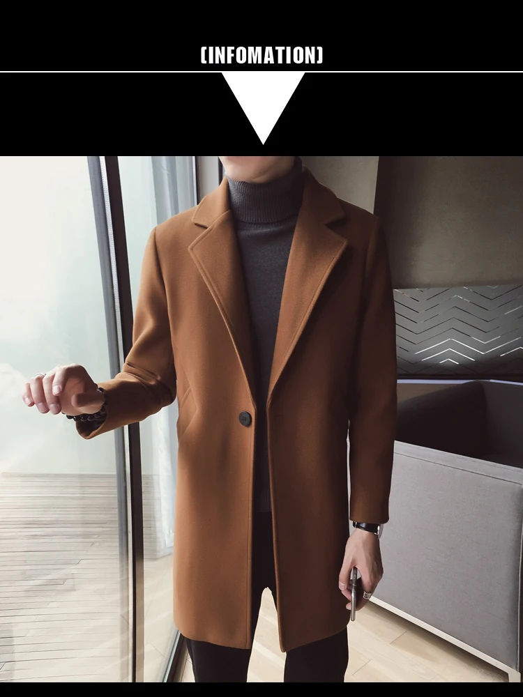 Зимнее длинное шерстяное пальто, мужское коричневое теплое пальто, корейское приталенное длинное пальто, мужское Трендовое коричневое черное пальто, Мужское пальто Casaco Masculino