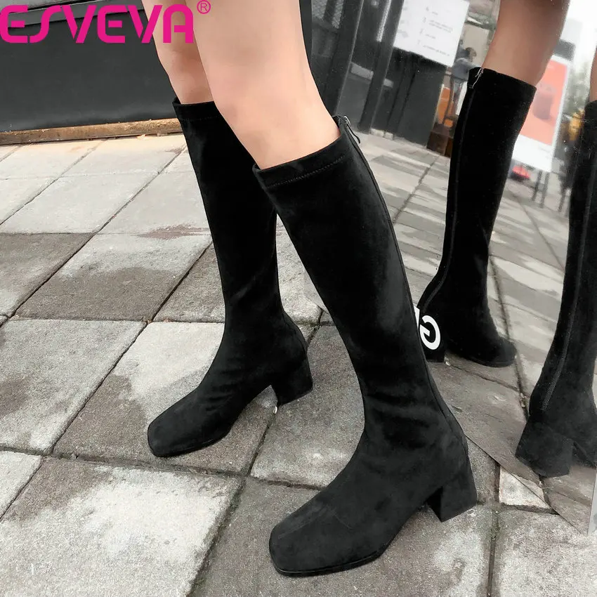 

ESVEVA 2020 Retro Square Toe Kid Suede Comfort Women Shoes Square Heel Autumn Winter Zipper All Match Knee High Boots Size 34-40