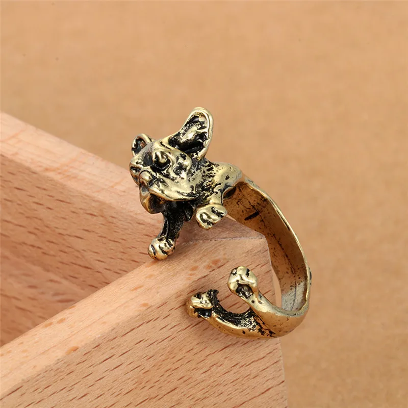 Новое панк винтажное черное Золотое серебряное кольцо с французским бульдогом для женщин и мужчин кольцо для животных для собак кольца на палец средней длины