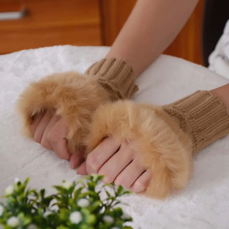 Женские перчатки на половину пальца, плюшевые утолщенные вязаные перчатки, открытые перчатки с сенсорным экраном, зимние теплые вязаные перчатки с меховым декором Fuax - Цвет: CAMEL