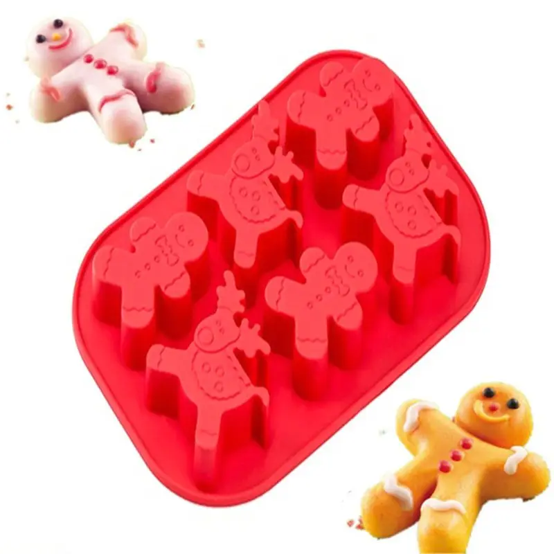 

Christmas Element 6 Grid 3D Cake Mold Gingerbread Man DIY Baking Mold Silicone Creative Baking Tools