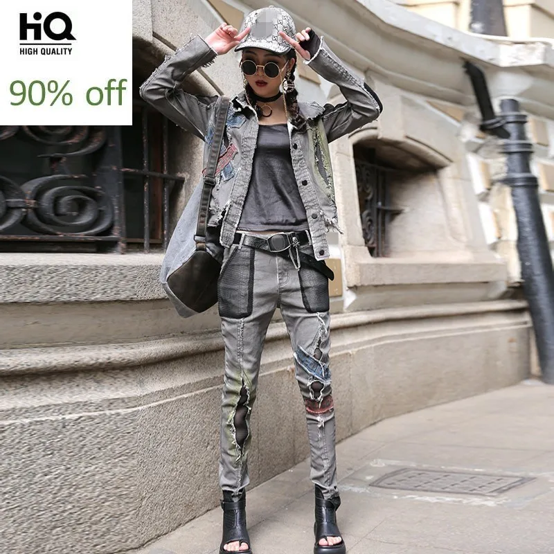 

High Street Ropa Mujer 2020 Gray Patchwork Long Sleeve Short Jacket Hole Ripped Denim Trousers Women 2 Piece Set Hip Hop Clothes