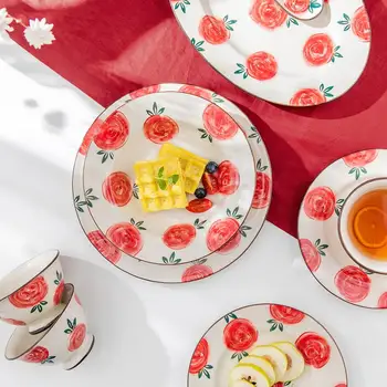 

MDZF SWEETHOME Ceramic Rose Tableware Set Noodles Steak Salad Plate Soup Spoon Rice Bowl Milk Mug Sauce Dish Kitchen Tools