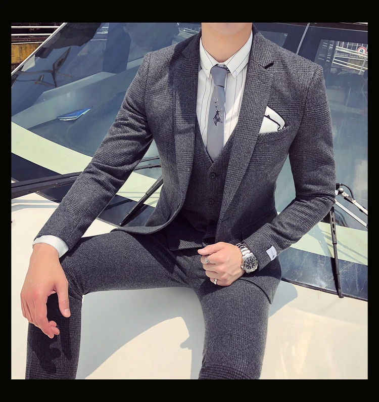 Мужской деловой костюм, официальный смокинг, мужские костюмы, Casacas Hombre Azul Terno Preto, облегающие Серые Ретро костюмы в клетку для мужчин