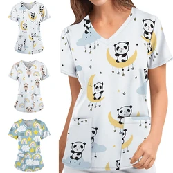 S 3XL 6 cores arco íris chuva panda ovelha impressão v pescoço manga curta enfermeira uniforme com bolso casual feminino macacão t camisa cuidados superior