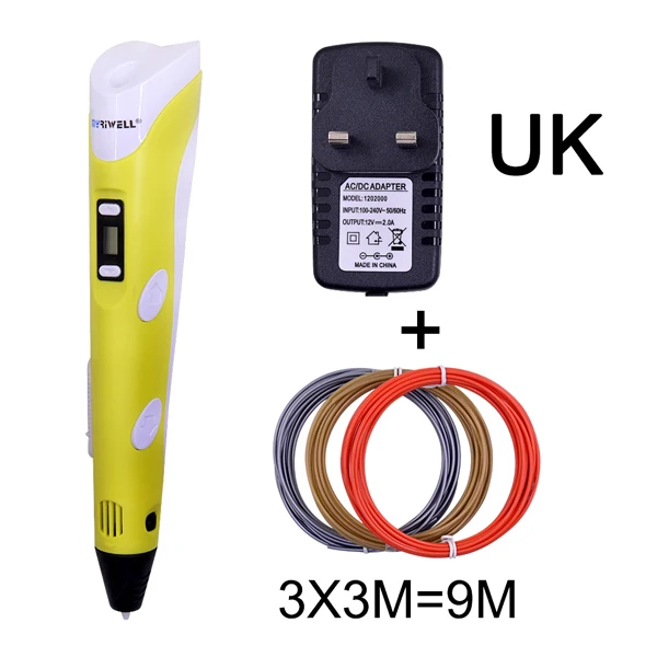 Yellow UK Myriwell RP-100B 3D Ручка DIY 3d принтер печатная ручка с основанием/адаптер питания/9 м 1,75 мм PLA нить для детей дизайн живопись - Цвет: Yellow UK