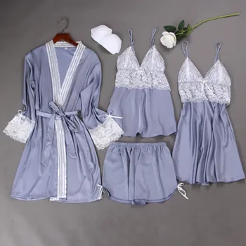 

2020 New 4PCS Pajamas Suit Kimono Bathrobe Gown Women Sexy Sleepwear Bridal Wedding Gift Home Clothes Satin Nightgown Homewear