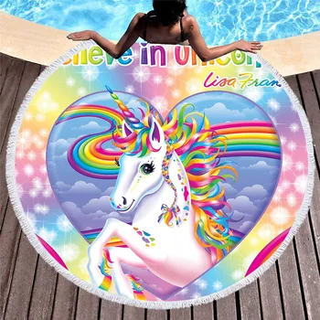 

Colored unicorn 3D Printed Mandala Microfiber Round Beach Towel for Adults Summer Toalla Tassel Yoga Mat T300