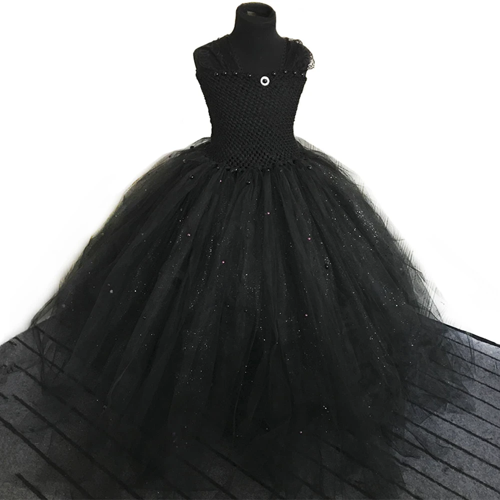 Блестящее черное платье-пачка для девочек кружевное фатиновое платье принцессы на бретельках с жемчужинами для девочек бальное платье длиной до щиколотки, Детские платья для дня рождения