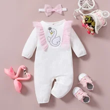 Vêtements pour bébé fille de 0 à 18 mois, 2 pièces, barboteuse + bandeau en maille brodée de cygne, à manches longues, à volants, nouvelle collection printemps automne