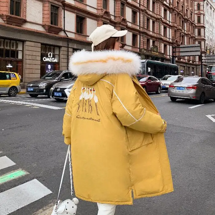 And Autumn Winter New Down Dress Female Fashion Crane Loose And Big Hair Neck Long Bf Wind Cotton Jacket - Цвет: Gold
