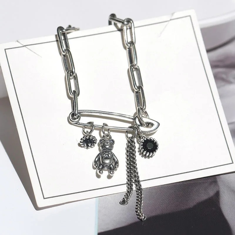 925 пробы серебряный милый медведь черный циркон булавки браслеты Япония Стиль Элегантные женские браслеты трендовые Девушки ручной ювелирные изделия подарки
