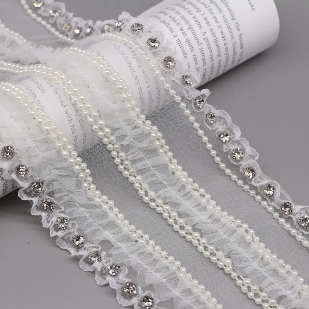 15cm*1yard Rhinestone pearls beaded lace trim for clothes bags Handmade beading appliques patch diy sewing accessories Ribbons