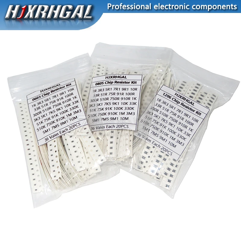 

36 kinds * 20PCS =720PCS 0603 0805 1206 SMD Resistor Kit Assorted Kit 1 ohm- 10M ohm Hjxrhgal