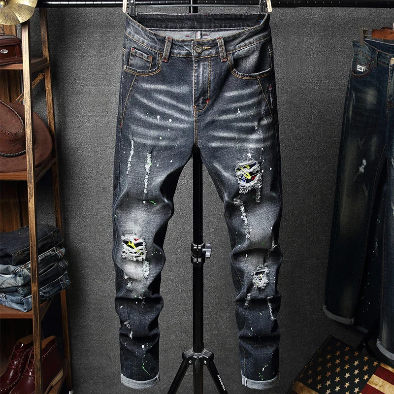 Amazon Men Jeans Stretch Ripped Men's Cultivate Morality Trousers Fashion And Personality | Мужская одежда