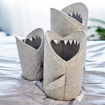 

New Grey Wool Felt Laundry Basket Cartoon Shark Storage Basket Folding Laundry Hamper Toys Organizer Storage Box Bin Bucket S/M/