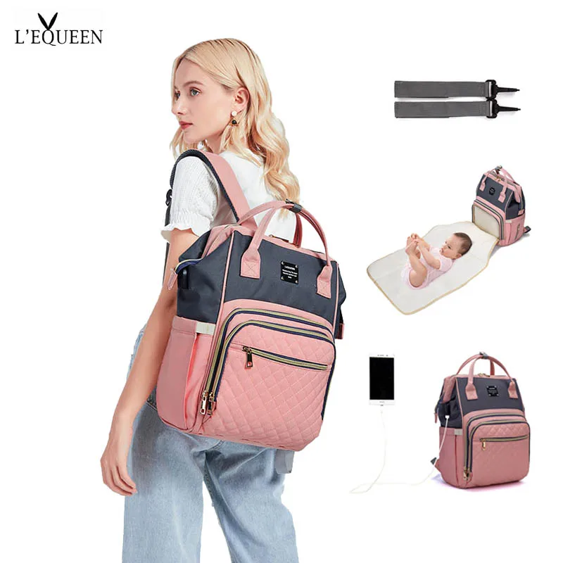 

Lequeen mummy bag Upgrade Diaper bag Backpack Free Stroller hooker Diaper PAD USB charge interface Baby care accessories
