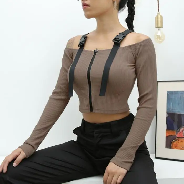 Pop Lady Short Top Solid Color Zipper Buckle Long Sleeve Off Shoulder Crop For Summer Pop 88