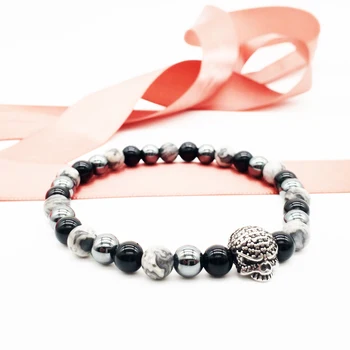 

Wholesale Fashion 6mm natural stone beaded men bracelets hematite stainless steel skull bracelet mens 50pcs/lot+free shipping